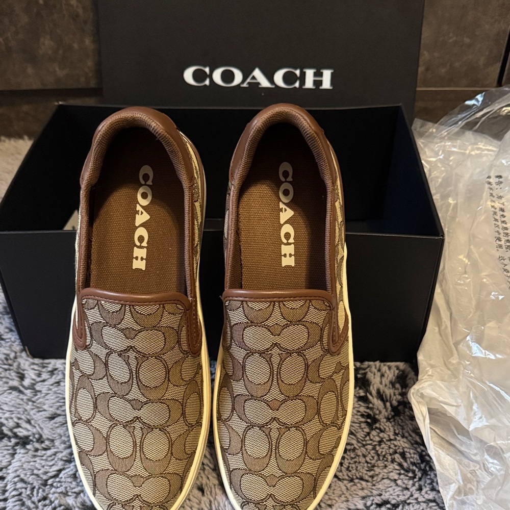 Coach Women Brown Signature Jacquard Slip-On Loafers